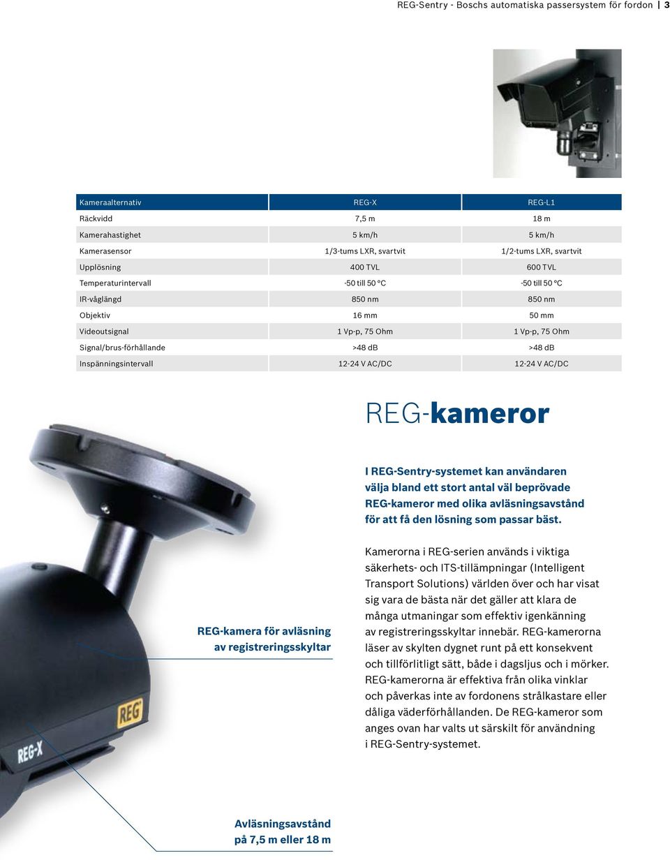 >48 db Inspänningsintervall 12-24 V AC/DC 12-24 V AC/DC REG-kameror I REG-Sentry-systemet kan användaren välja bland ett stort antal väl beprövade REG-kameror med olika avläsningsavstånd för att få