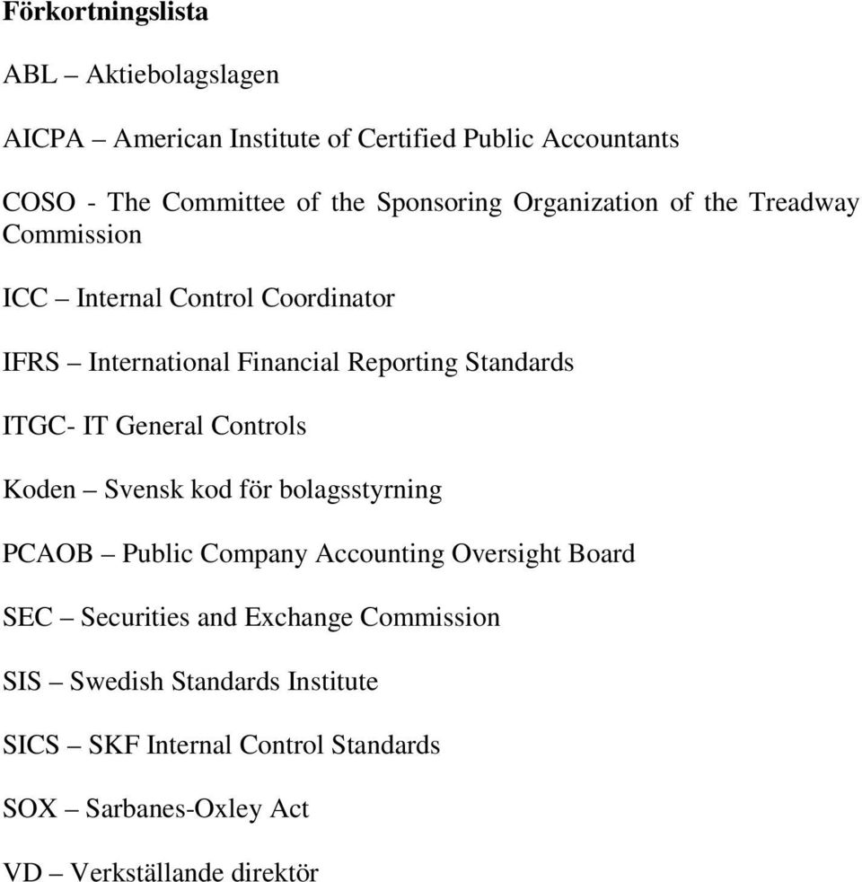 Standards ITGC- IT General Controls Koden Svensk kod för bolagsstyrning PCAOB Public Company Accounting Oversight Board SEC