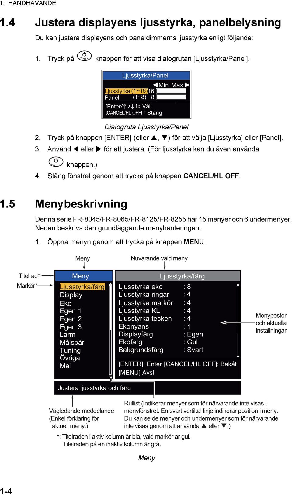 Använd eller för att justera. (För ljusstyrka kan du även använda knappen.) 4. Stäng fönstret genom att trycka på knappen CANCEL/HL OFF.
