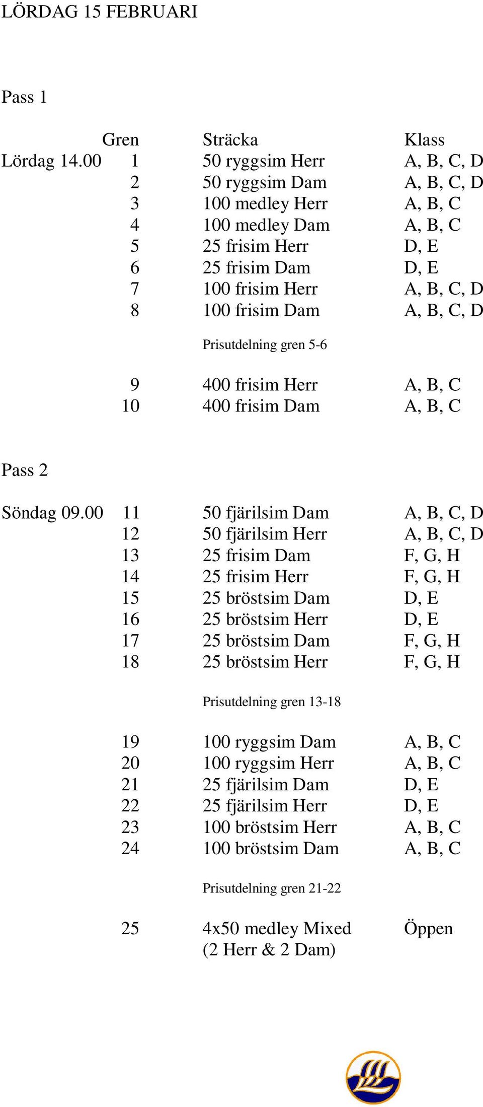 A, B, C, D Prisutdelning gren 5-6 9 400 frisim Herr A, B, C 10 400 frisim Dam A, B, C Pass 2 Söndag 09.