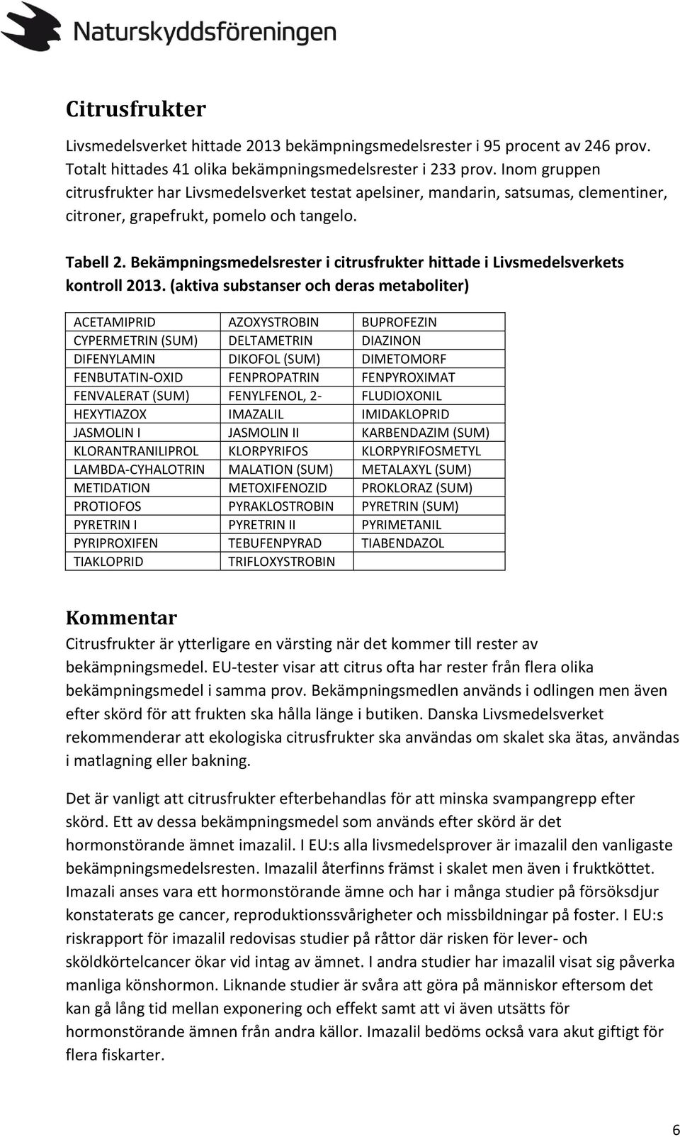 Bekämpningsmedelsrester i citrusfrukter hittade i Livsmedelsverkets kontroll 2013.