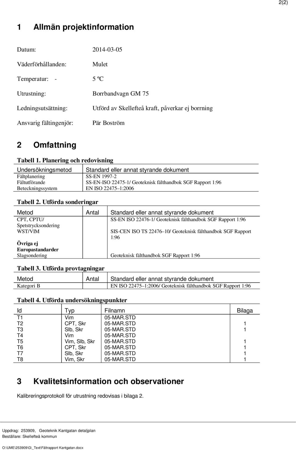 Planering och redovisning Undersökningsmetod Standard eller annat styrande dokument Fältplanering SS-EN 1997-2 Fältutförande SS-EN-ISO 22475-1/ Geoteknisk fälthandbok SGF Rapport 1:96