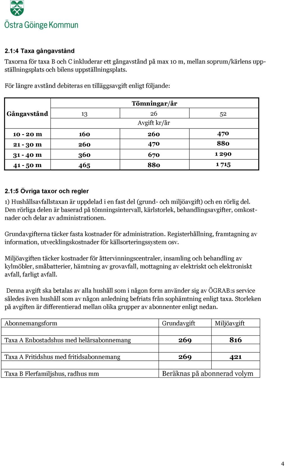 1:5 Övriga taxor och regler 1) Hushållsavfallstaxan är uppdelad i en fast del (grund- och miljöavgift) och en rörlig del.