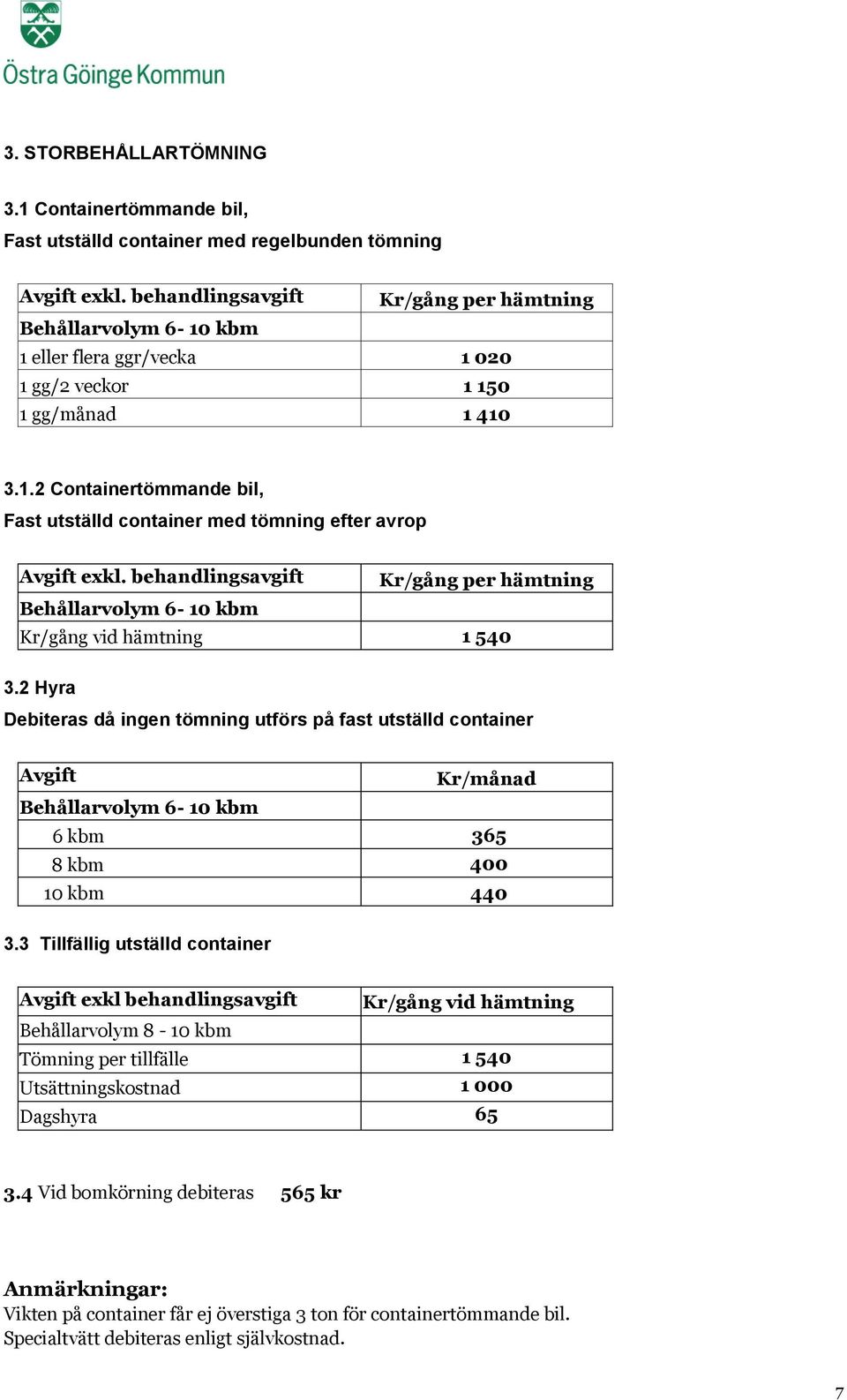behandlingsavgift Kr/gång per hämtning Behållarvolym 6-10 kbm Kr/gång vid hämtning 1 540 3.
