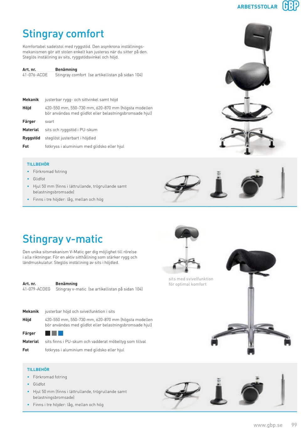 41-076- Stingray comfort (se artikellistan på sidan 104) Ryggstöd 420-550 mm, 550-730 mm, 620-870 mm (högsta modellen sits och ryggstöd i PU-skum steglöst justerbart i höjdled Förkromad fotring