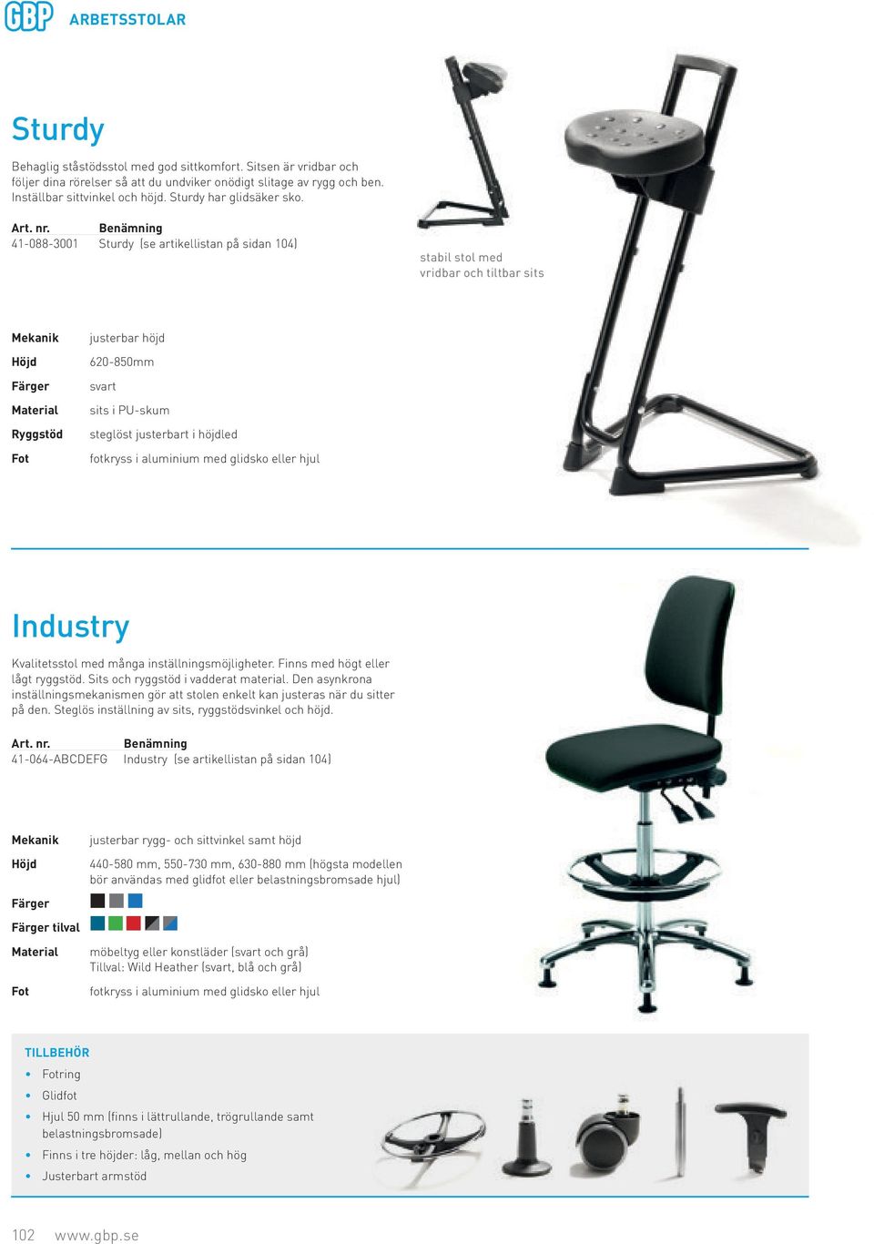 41-088-3001 Sturdy (se artikellistan på sidan 104) stabil stol med vridbar och tiltbar sits Ryggstöd justerbar höjd 620-850mm steglöst justerbart i höjdled Industry Kvalitetsstol med många