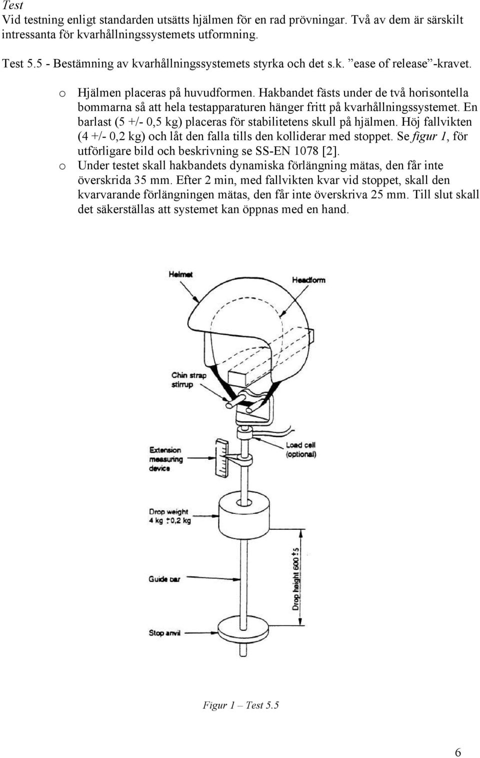 Hakbandet fästs under de två horisontella bommarna så att hela testapparaturen hänger fritt på kvarhållningssystemet. En barlast (5 +/- 0,5 kg) placeras för stabilitetens skull på hjälmen.