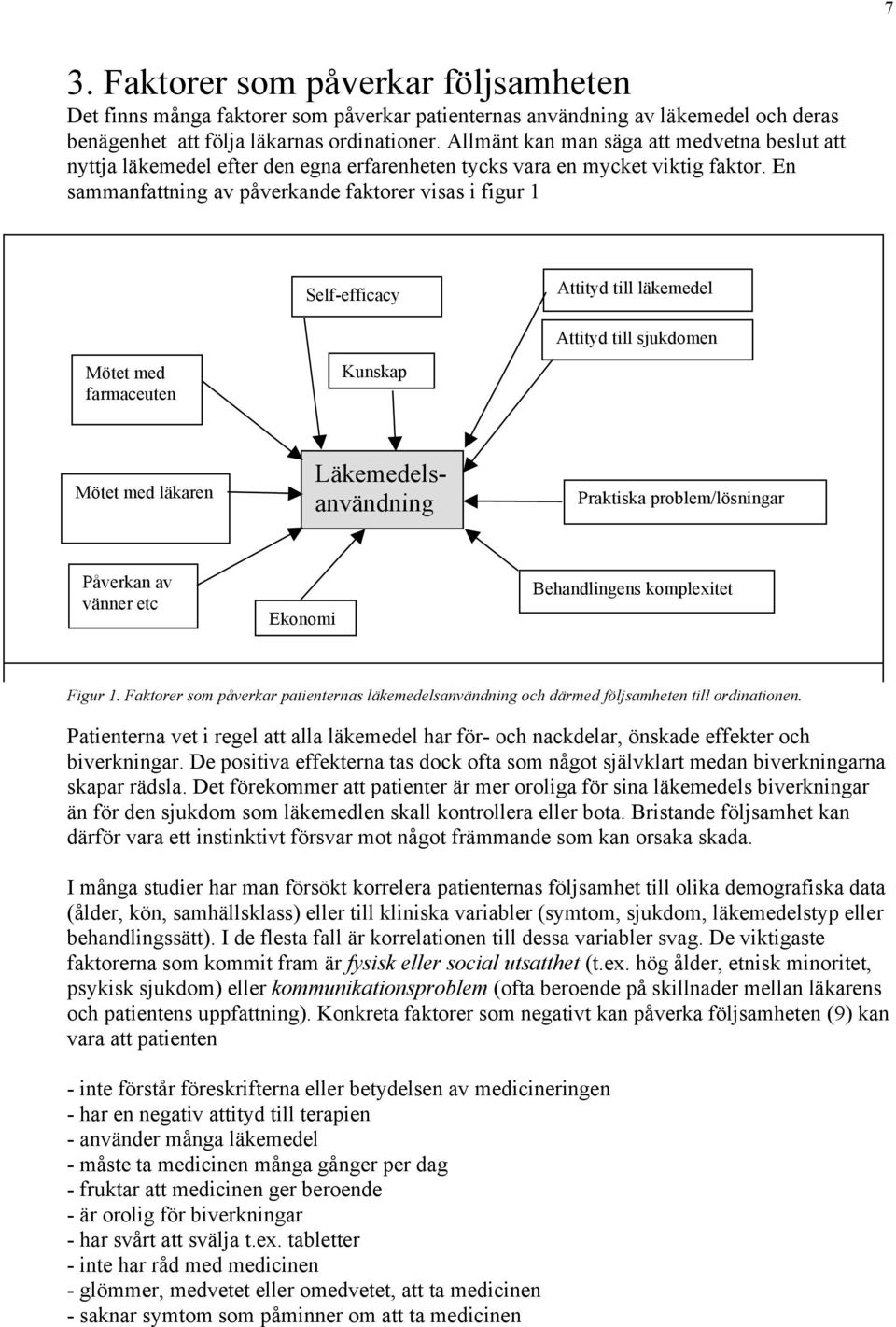 En sammanfattning av påverkande faktorer visas i figur 1 Self-efficacy Attityd till läkemedel Attityd till sjukdomen Mötet med farmaceuten Kunskap Mötet med läkaren Läkemedelsanvändning Praktiska