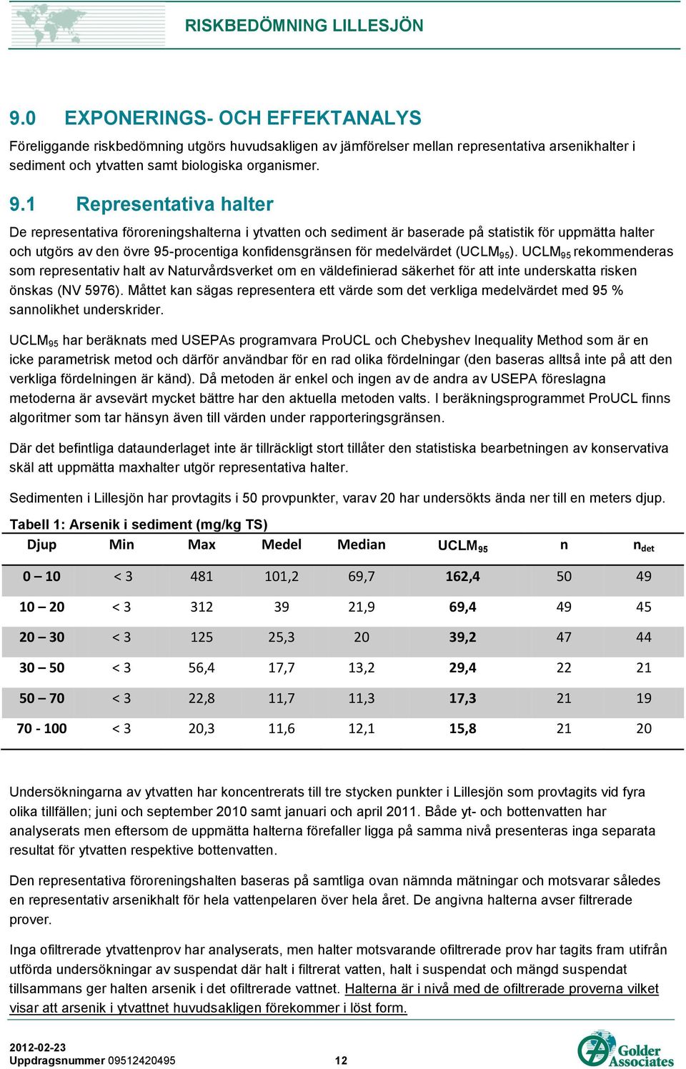 medelvärdet (UCLM 95 ). UCLM 95 rekommenderas som representativ halt av Naturvårdsverket om en väldefinierad säkerhet för att inte underskatta risken önskas (NV 5976).