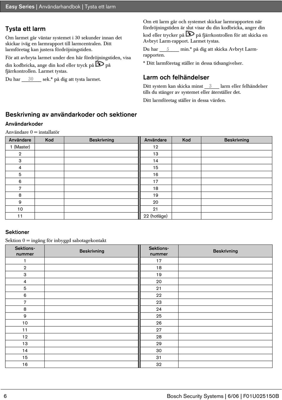 * på dig att tysta larmet. Larm och felhändelser Ditt system kan skicka minst larm eller felhändelser tills du stänger av systemet eller återställer det. Ditt larmföretag ställer in dessa värden.