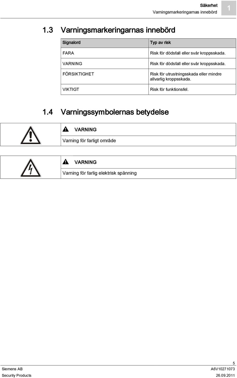 dödsfall eller svår kroppsskada. Risk för dödsfall eller svår kroppsskada.