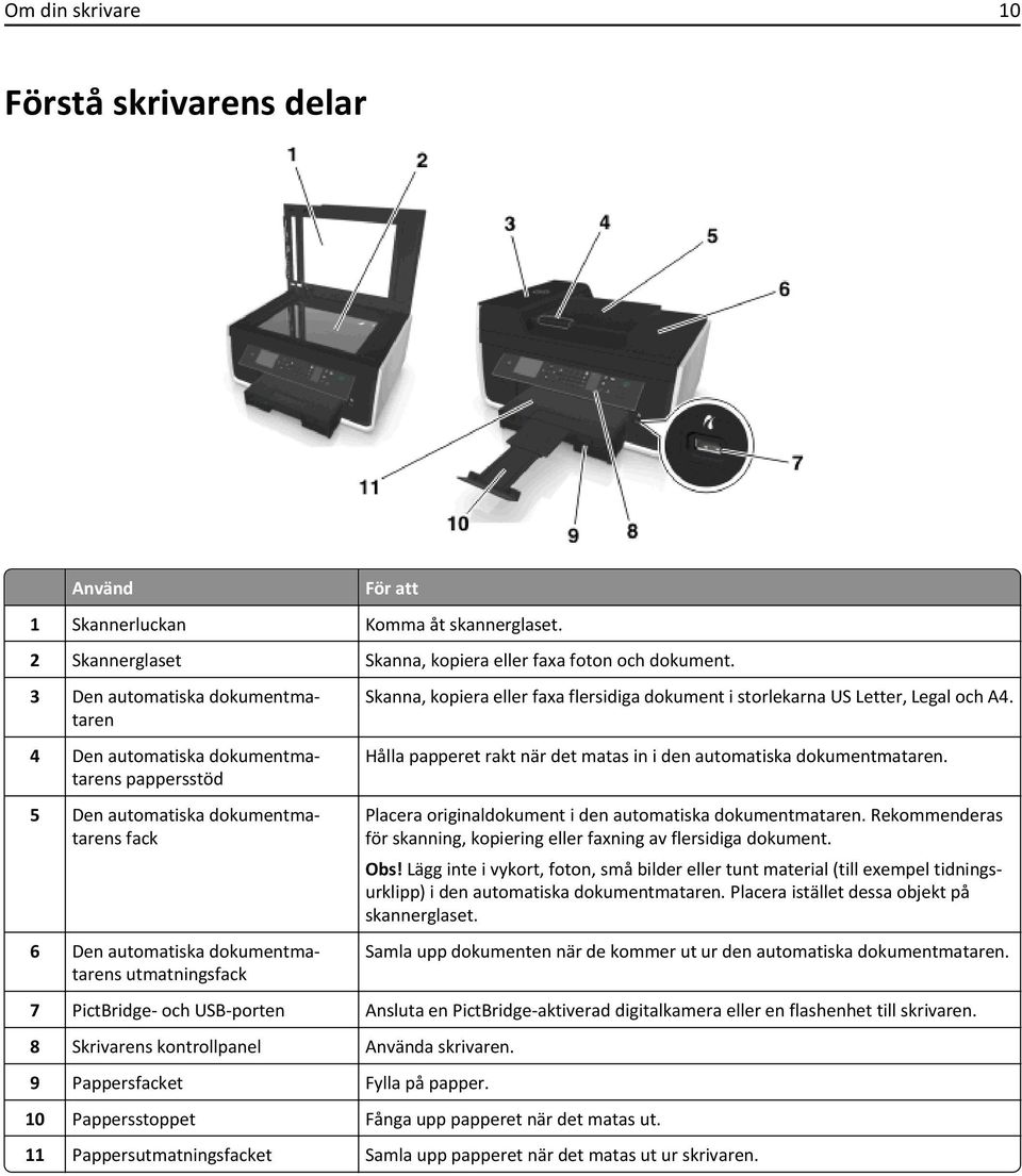 flersidiga dokument i storlekarna US Letter, Legal och A4. Hålla papperet rakt när det matas in i den automatiska dokumentmataren. Placera originaldokument i den automatiska dokumentmataren.
