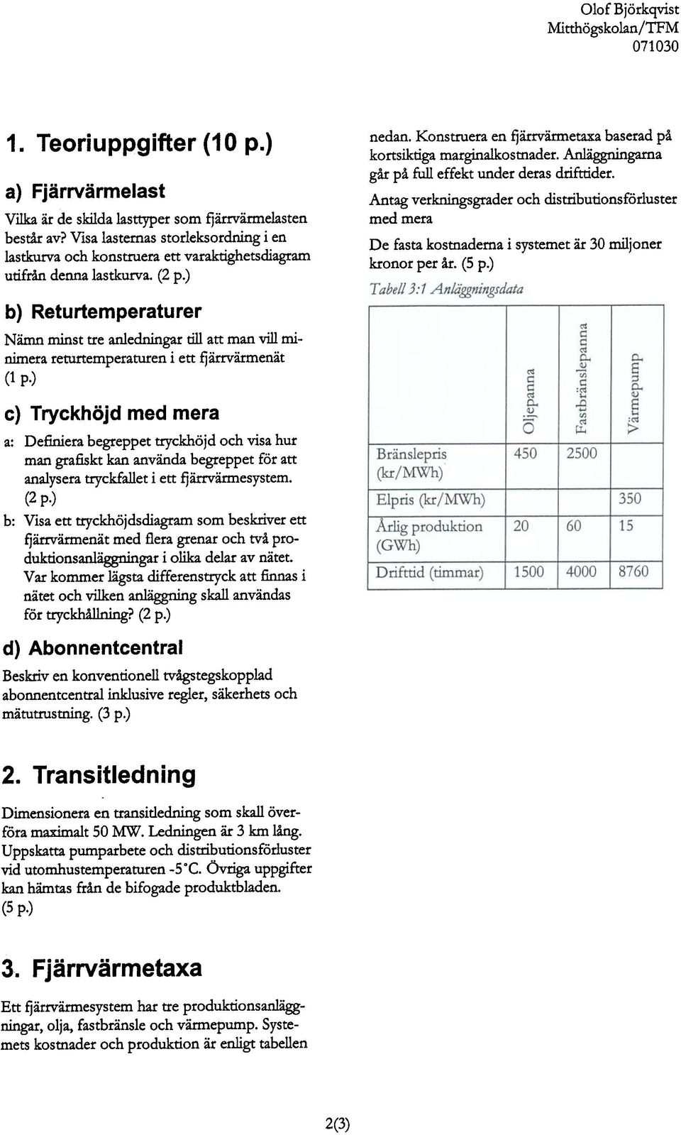 Anliiggningarna gar pa full effekt under deras drifttider. Antag verkningsgrader och distribunonsforluster med meta De fasta kostnadema i systemet ar 30 miljoner kronor per ar. (5 p.