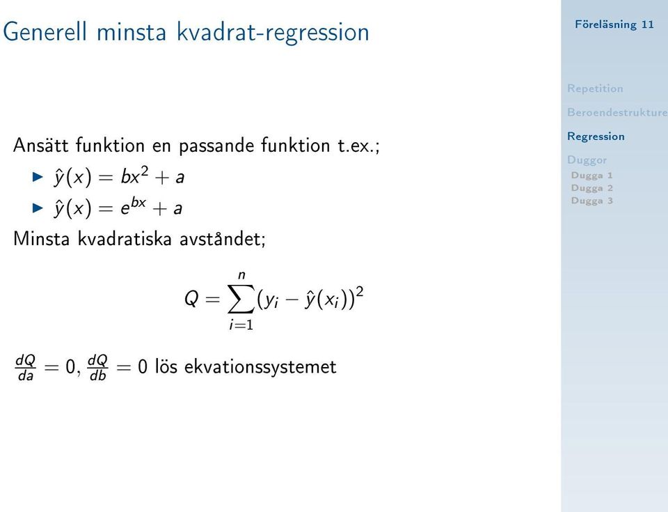 ; ŷ(x) = bx 2 + a ŷ(x) = e bx + a Minsta kvadratiska