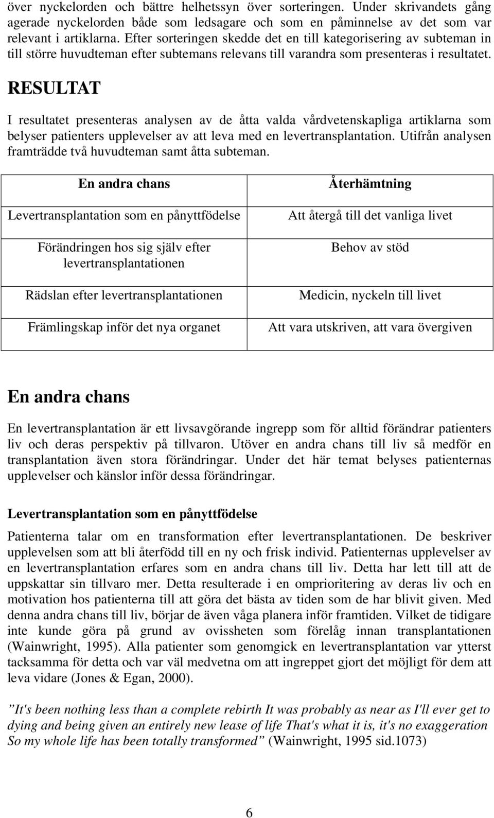 RESULTAT I resultatet presenteras analysen av de åtta valda vårdvetenskapliga artiklarna som belyser patienters upplevelser av att leva med en levertransplantation.