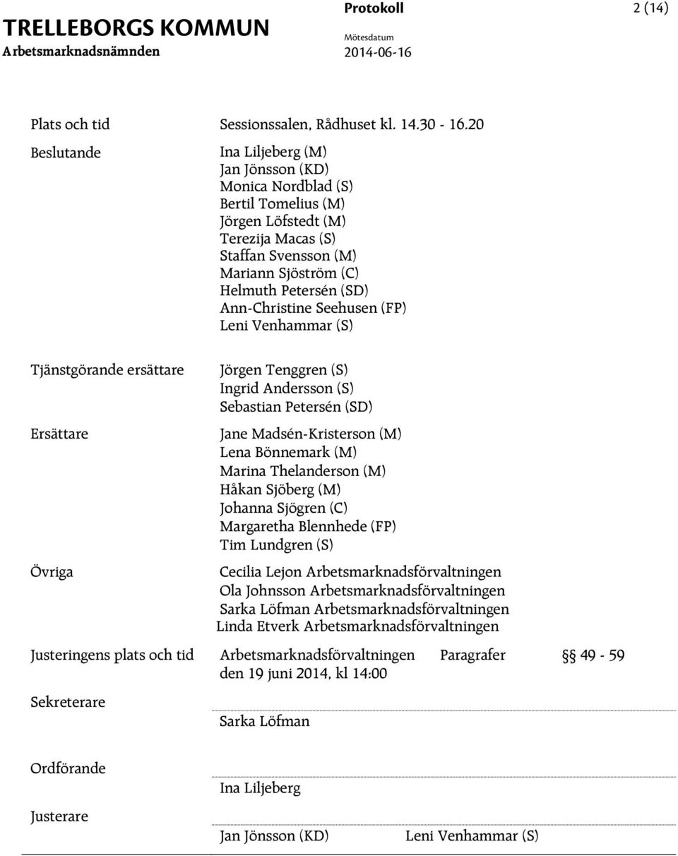 Seehusen (FP) Leni Venhammar (S) Tjänstgörande ersättare Ersättare Övriga Justeringens plats och tid Sekreterare Jörgen Tenggren (S) Ingrid Andersson (S) Sebastian Petersén (SD) Jane