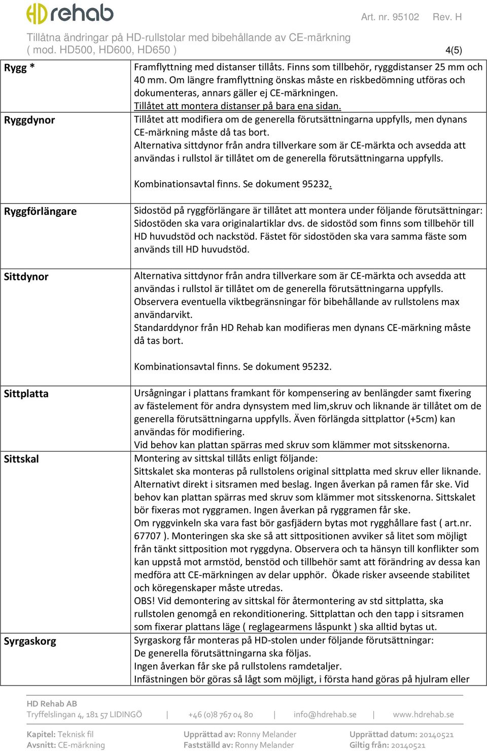 Tillåtet att modifiera om de generella förutsättningarna uppfylls, men dynans CE-märkning måste då tas bort.