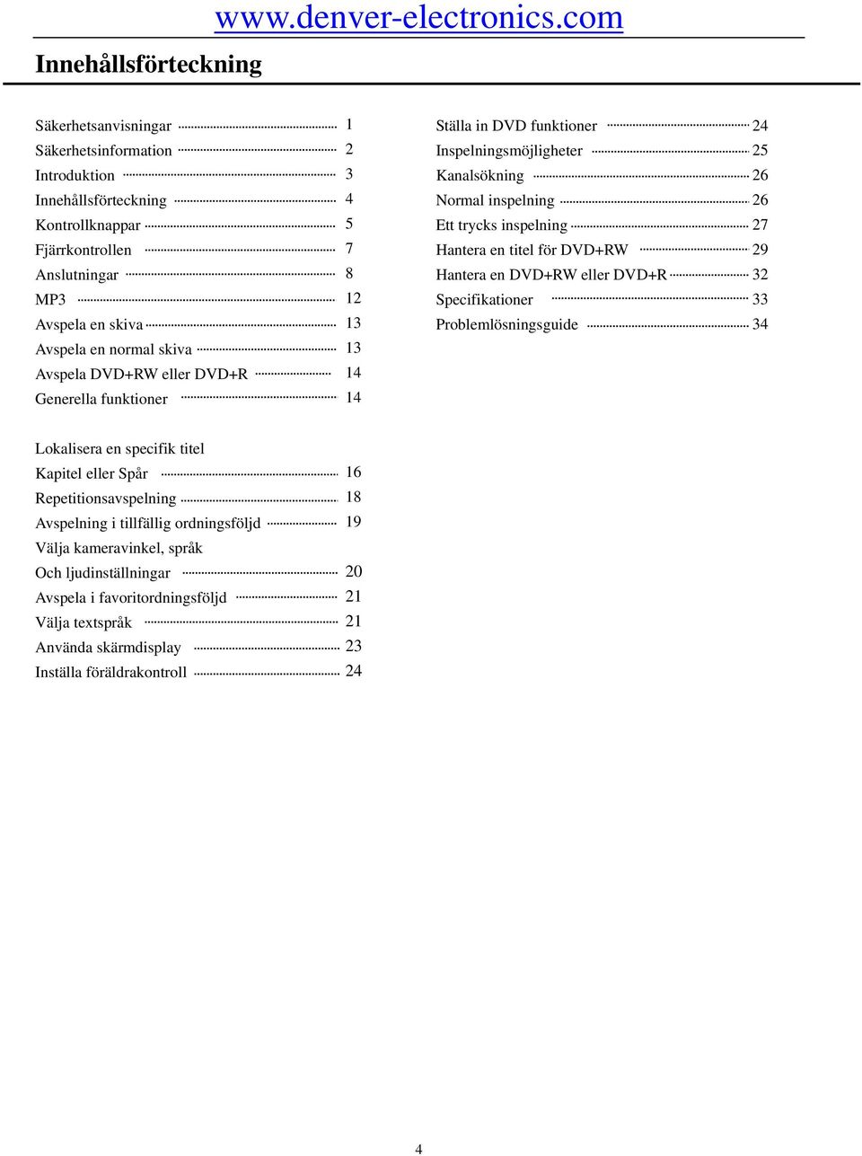 Ett trycks inspelning 27 Fjärrkontrollen 7 Hantera en titel för DVD+RW 29 Anslutningar 8 Hantera en DVD+RW eller DVD+R 32 MP3 12 Specifikationer 33 Avspela en skiva 13 Problemlösningsguide 34