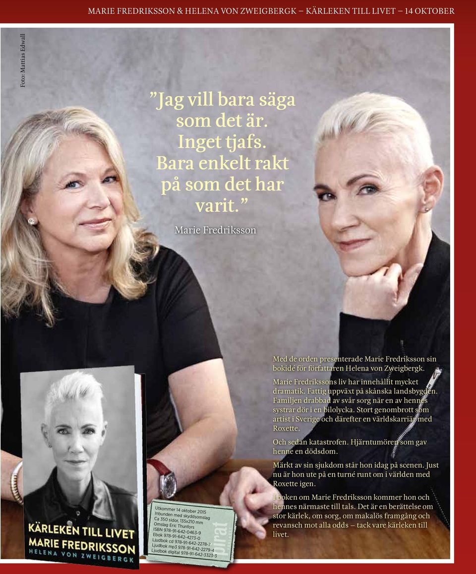 Ljudbok digital 978-91-642-3323-3 Med de orden presenterade Marie Fredriksson sin bokidé för författaren Helena von Zweigbergk. Marie Fredrikssons liv har innehållit mycket dramatik.