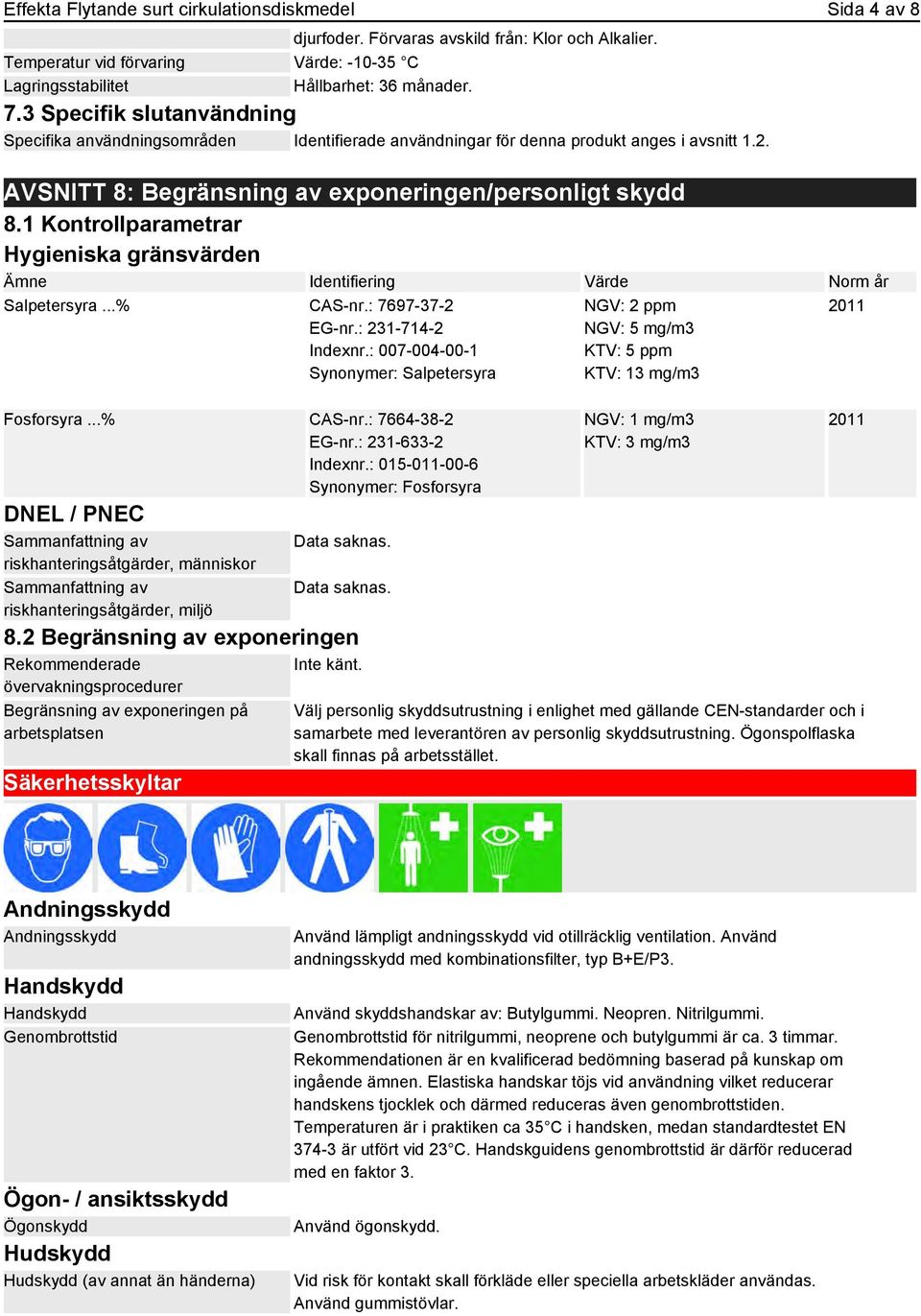 1 Kontrollparametrar Hygieniska gränsvärden Ämne Identifiering Värde Norm år Salpetersyra...% CAS-nr.: 7697-37-2 EG-nr.: 231-714-2 Indexnr.: 007-004-00-1 Synonymer: Salpetersyra Fosforsyra...% CAS-nr.: 7664-38-2 EG-nr.