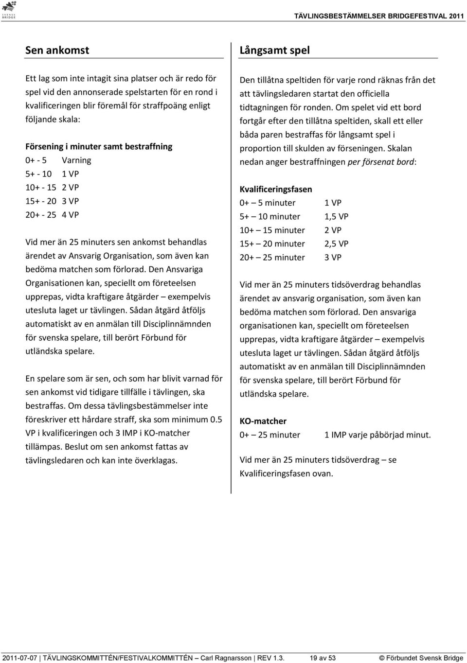 bedöma matchen som förlorad. Den Ansvariga Organisationen kan, speciellt om företeelsen upprepas, vidta kraftigare åtgärder exempelvis utesluta laget ur tävlingen.