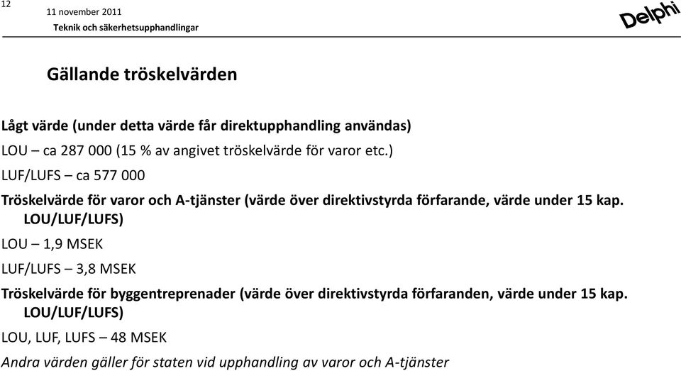 ) LUF/LUFS ca 577 000 Tröskelvärde för varor och A-tjänster (värde över direktivstyrda förfarande, värde under 15 kap.