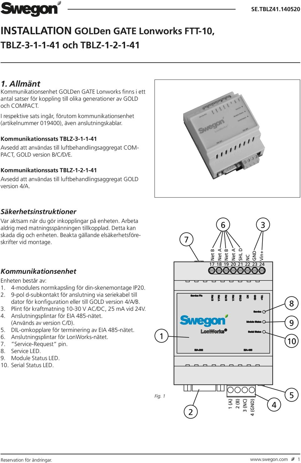 Kommunikationssats TBLZ31141 Avsedd att användas till luftbehandlingsaggregat COM PACT, GOLD version B/C/D/E.