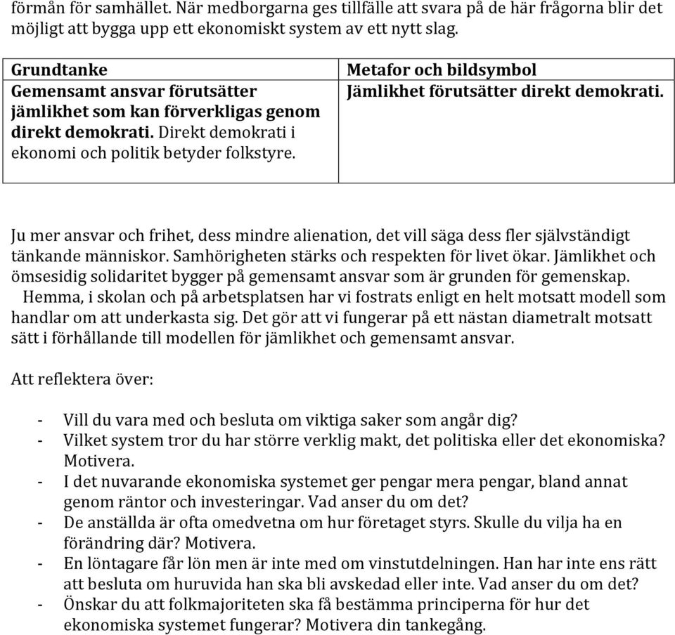 Metafor och bildsymbol Jämlikhet förutsätter direkt demokrati. Ju mer ansvar och frihet, dess mindre alienation, det vill säga dess fler självständigt tänkande människor.