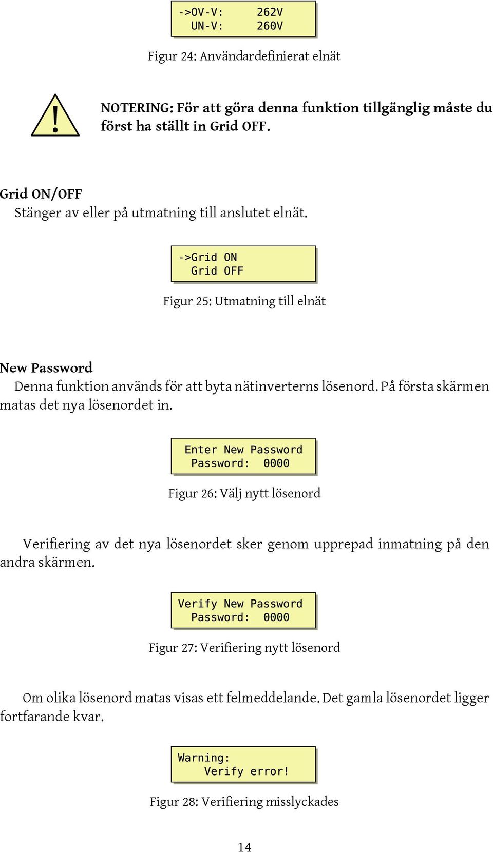 Figur 25: Utmatning till elnät New Password Denna funktion används för att byta nätinverterns lösenord. På första skärmen matas det nya lösenordet in.