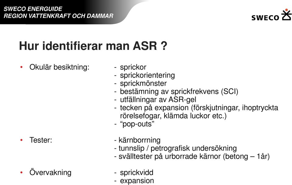 (SCI) - utfällningar av ASR-gel - tecken på expansion (förskjutningar, ihoptryckta rörelsefogar,