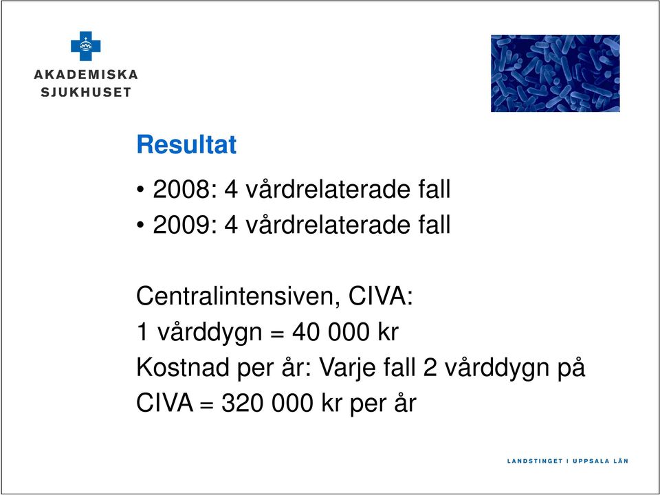 1 vårddygn = 40 000 kr Kostnad per år: Varje