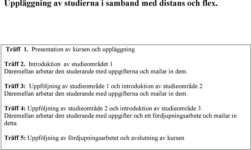 Träff 3: Uppföljning av studieområde 1 och introduktion av studieområde 2 Däremellan arbetar den studerande med uppgifterna och mailar in dem.