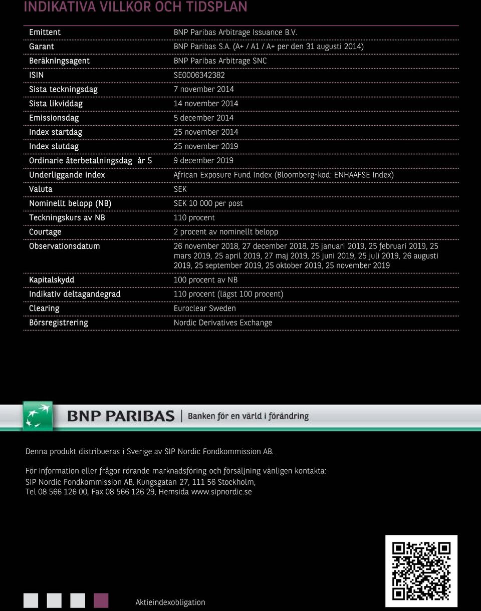 teckningsdag 7 november 2014 Sista likviddag 14 november 2014 Emissionsdag 5 december 2014 Index startdag 25 november 2014 Index slutdag 25 november 2019 Ordinarie återbetalningsdag år 5 9 december