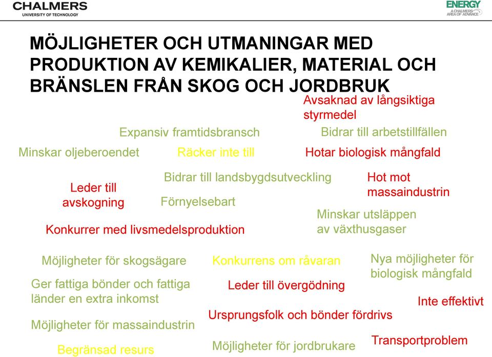 Hot mot massaindustrin Minskar utsläppen av växthusgaser Möjligheter för skogsägare Ger fattiga bönder och fattiga länder en extra inkomst Möjligheter för massaindustrin Begränsad