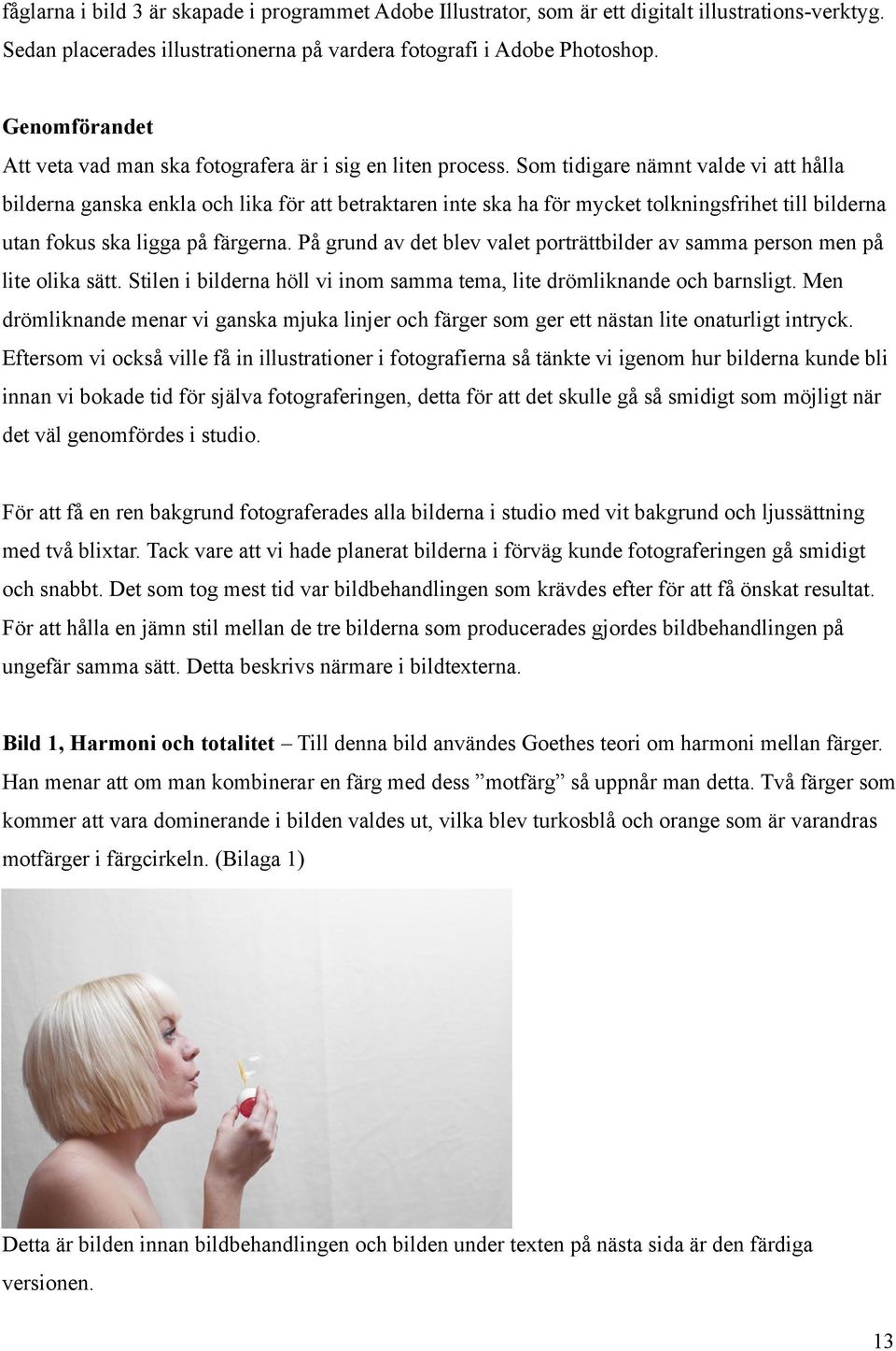 Som tidigare nämnt valde vi att hålla bilderna ganska enkla och lika för att betraktaren inte ska ha för mycket tolkningsfrihet till bilderna utan fokus ska ligga på färgerna.