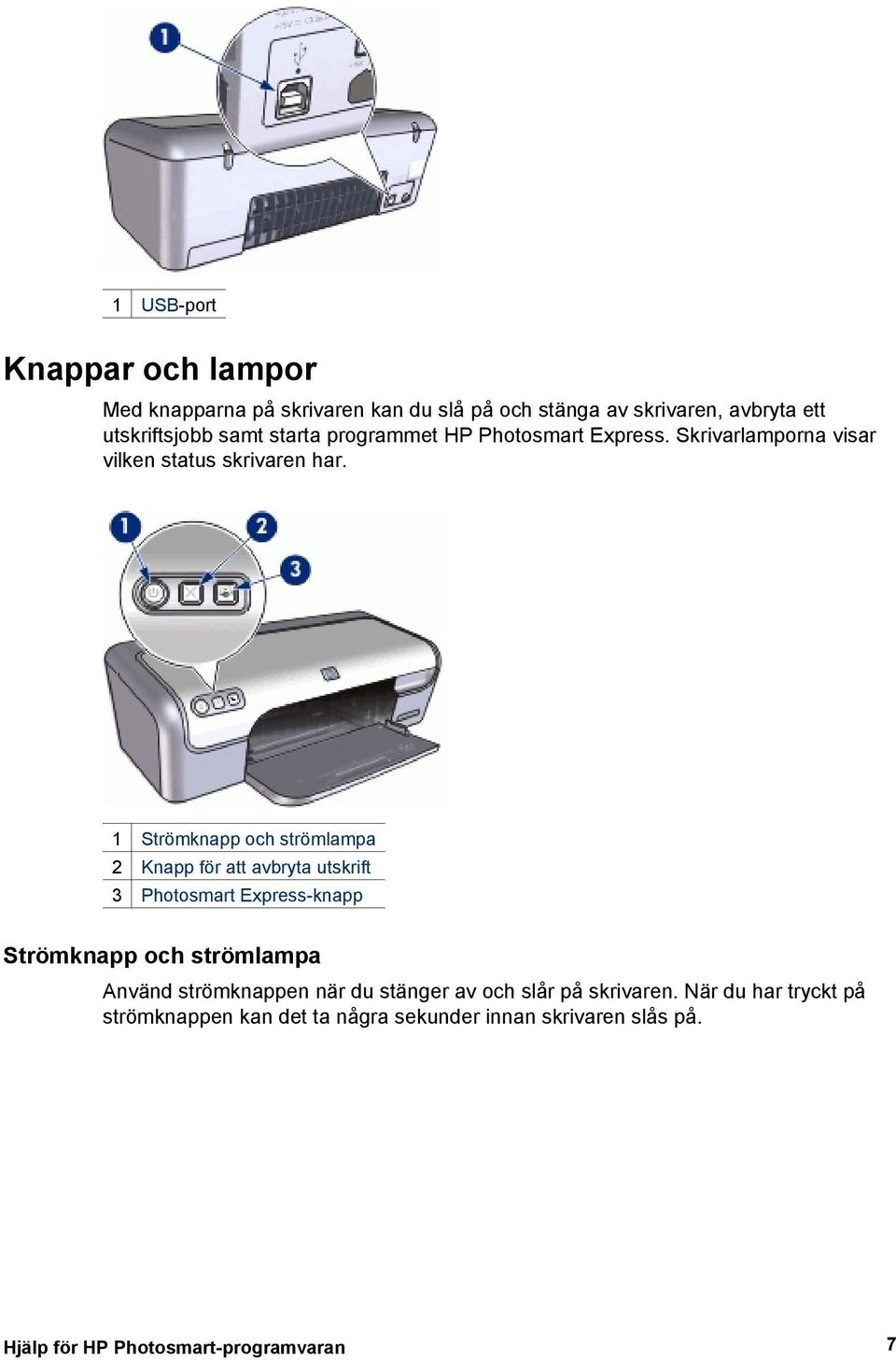 1 Strömknapp och strömlampa 2 Knapp för att avbryta utskrift 3 Photosmart Express-knapp Strömknapp och strömlampa Använd