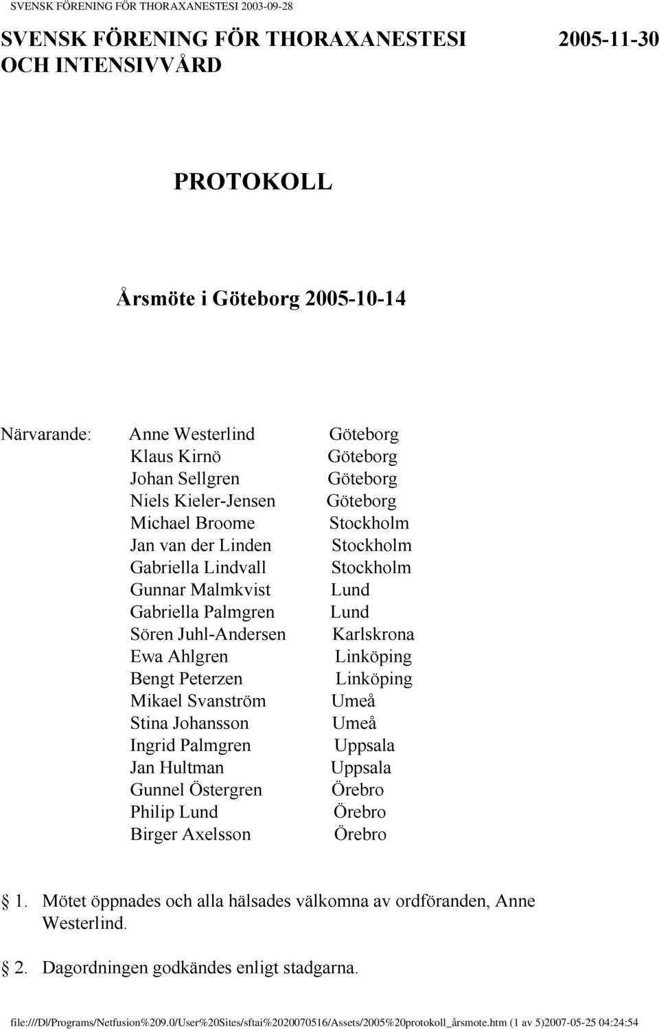 Linköping Bengt Peterzen Linköping Mikael Svanström Umeå Stina Johansson Umeå Ingrid Palmgren Uppsala Jan Hultman Uppsala Gunnel Östergren Örebro Philip Lund Örebro Birger Axelsson Örebro 1.