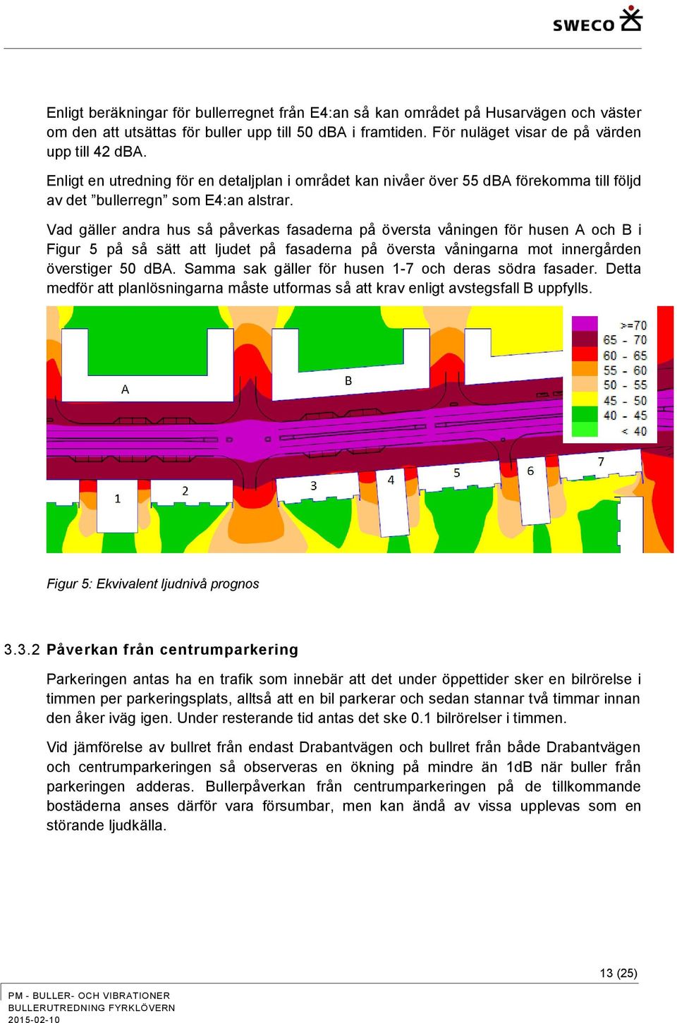 Vad gäller andra hus så påverkas fasaderna på översta våningen för husen A och B i Figur 5 på så sätt att ljudet på fasaderna på översta våningarna mot innergården överstiger 50 dba.