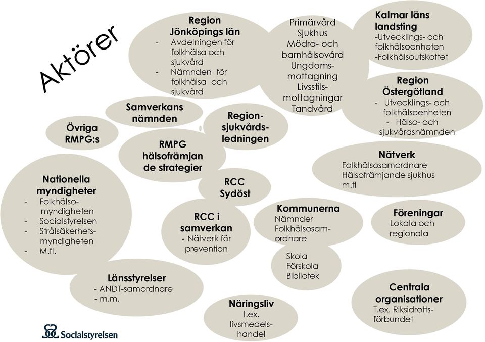 ex. livsmedelshandel Primärvård Sjukhus Mödra- och barnhälsovård Ungdomsmottagning Livsstilsmottagningar Tandvård Kommunerna Nämnder Folkhälsosamordnare Skola Förskola Bibliotek Kalmar läns landsting