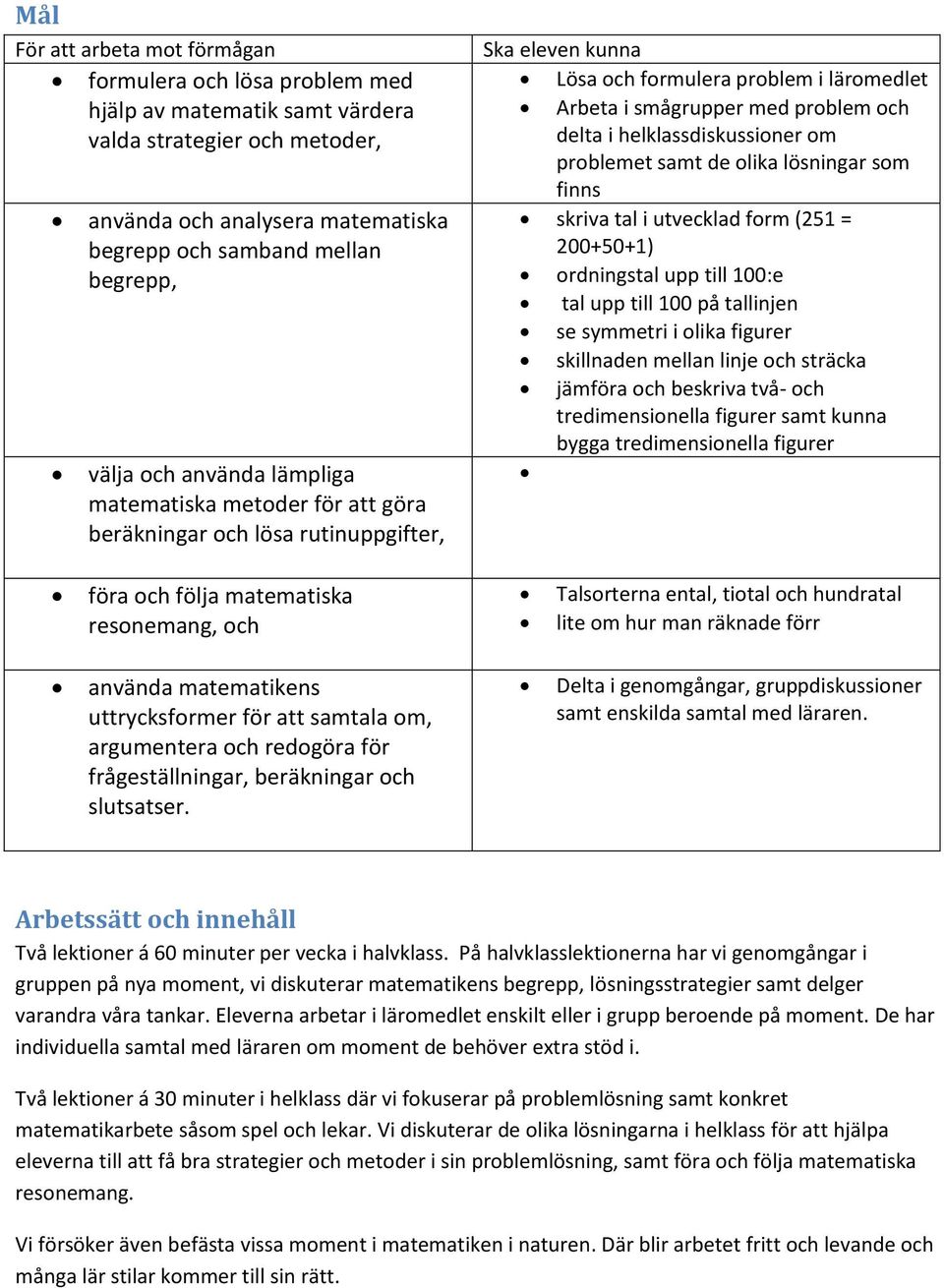 helklassdiskussioner om problemet samt de olika lösningar som finns skriva tal i utvecklad form (251 = 200+50+1) ordningstal upp till 100:e tal upp till 100 på tallinjen se symmetri i olika figurer