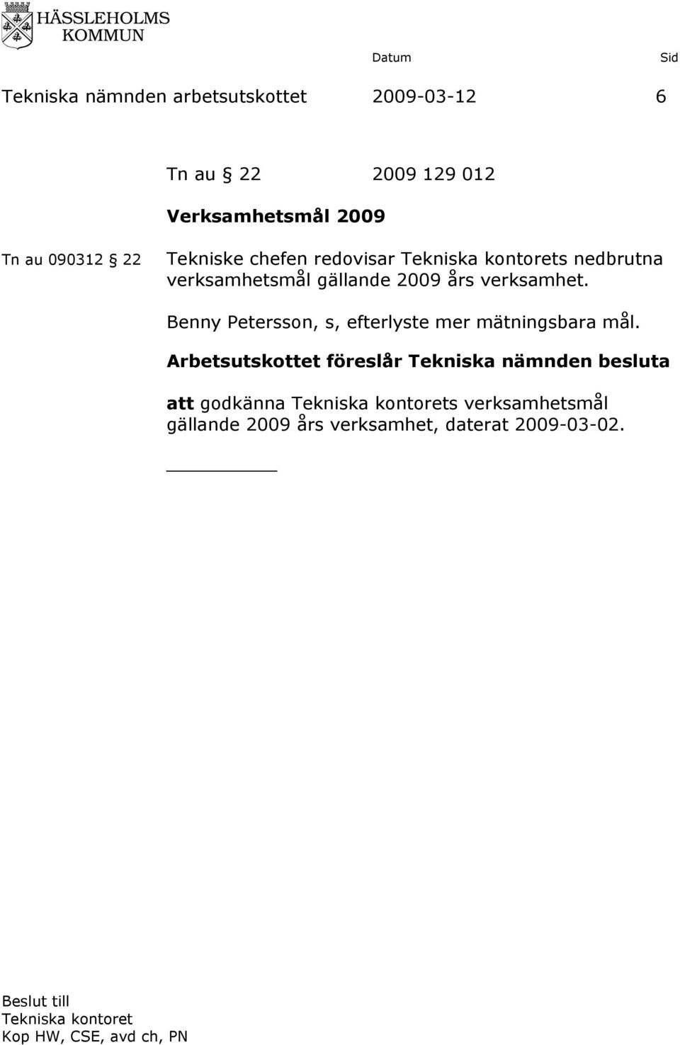 2009 års verksamhet. Benny Petersson, s, efterlyste mer mätningsbara mål.