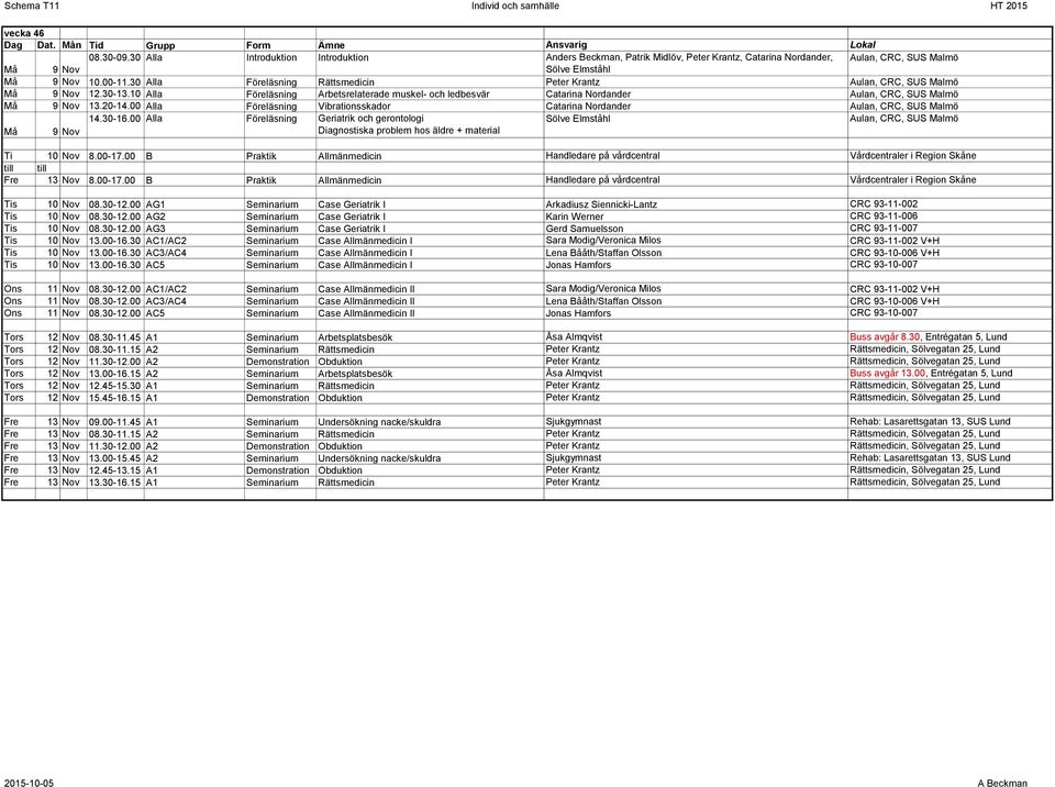 20-14.00 Alla Föreläsning Vibrationsskador Catarina Nordander Aulan, CRC, SUS Malmö Må 9 Nov 14.30-16.
