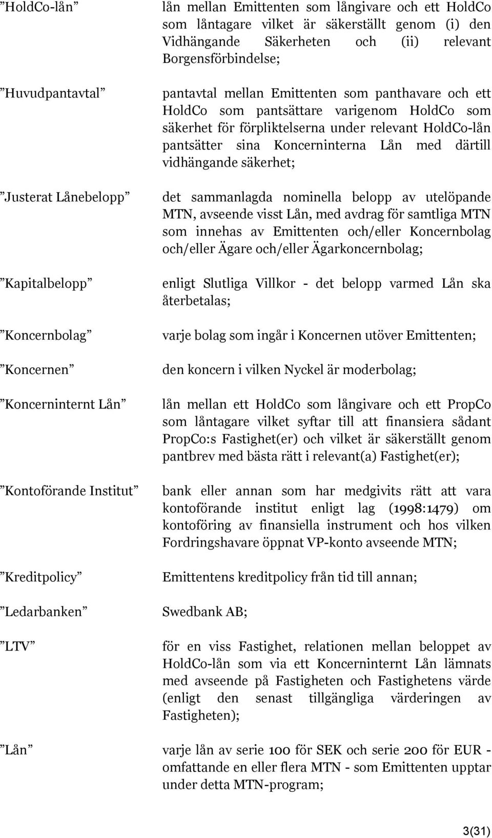 varigenom HoldCo som säkerhet för förpliktelserna under relevant HoldCo-lån pantsätter sina Koncerninterna Lån med därtill vidhängande säkerhet; det sammanlagda nominella belopp av utelöpande MTN,