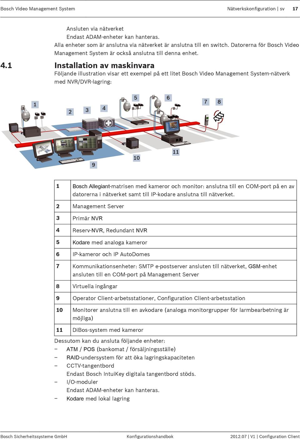 1 Installation av maskinvara Följande illustration visar ett exempel på ett litet Bosch Video Management System-nätverk med NVR/DVR-lagring: 1 Bosch Allegiant-matrisen med kameror och monitor: