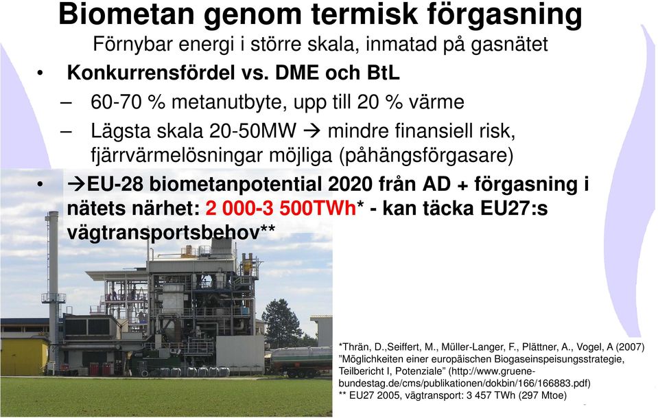 biometanpotential 2020 från AD + förgasning i nätets närhet: 2 000-3 500TWh* - kan täcka EU27:s vägtransportsbehov** *Thrän, D.,Seiffert, M., Müller Langer, F.