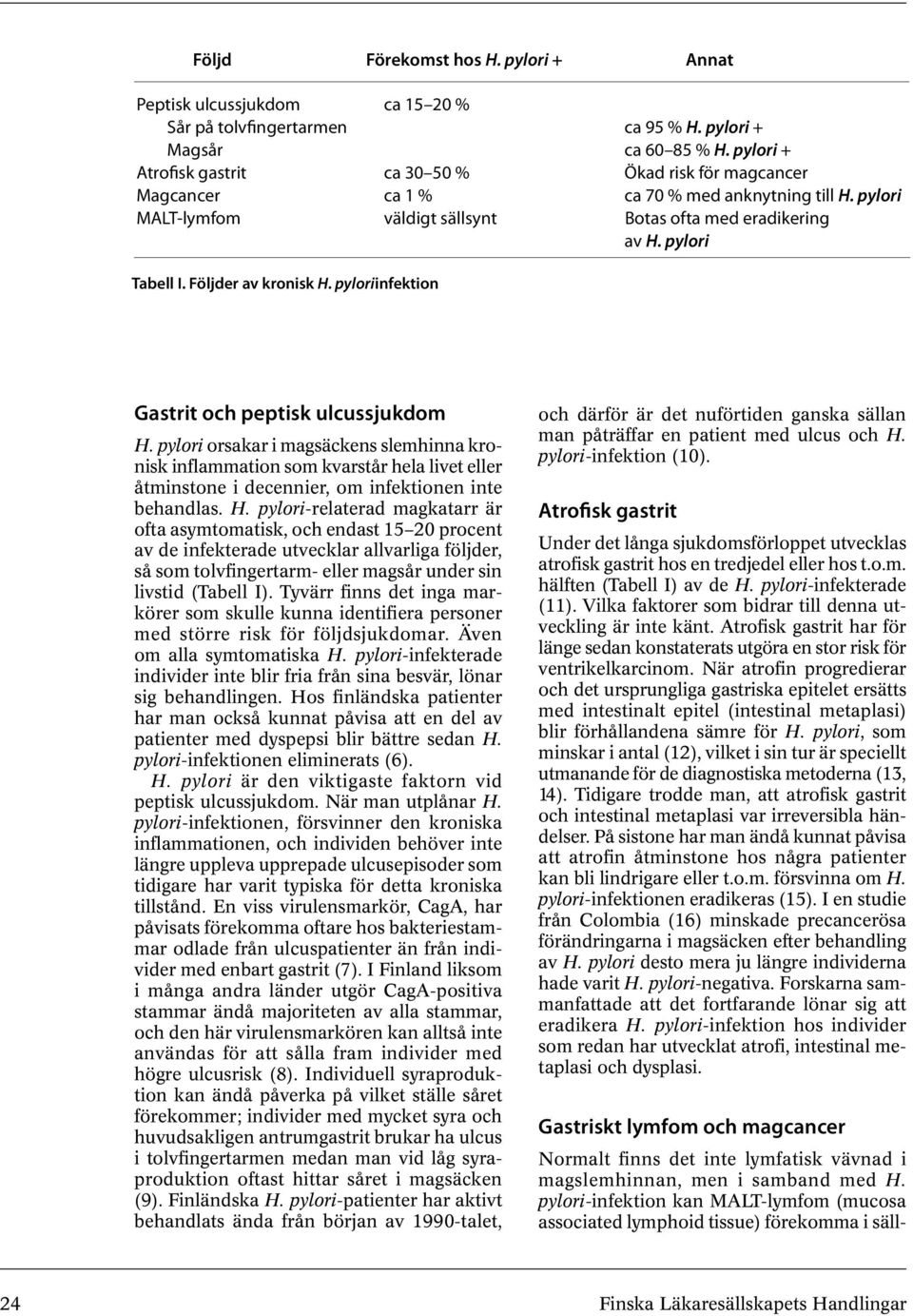 Följder av kronisk H. pyloriinfektion Gastrit och peptisk ulcussjukdom H.