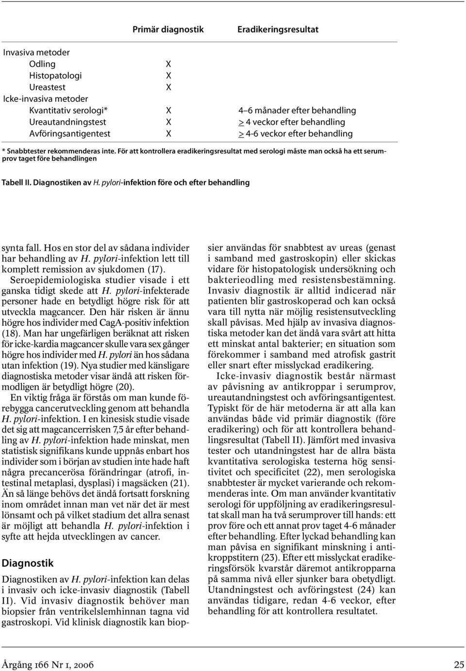 För att kontrollera eradikeringsresultat med serologi måste man också ha ett serumprov taget före behandlingen Tabell II. Diagnostiken av H. pylori-infektion före och efter behandling synta fall.