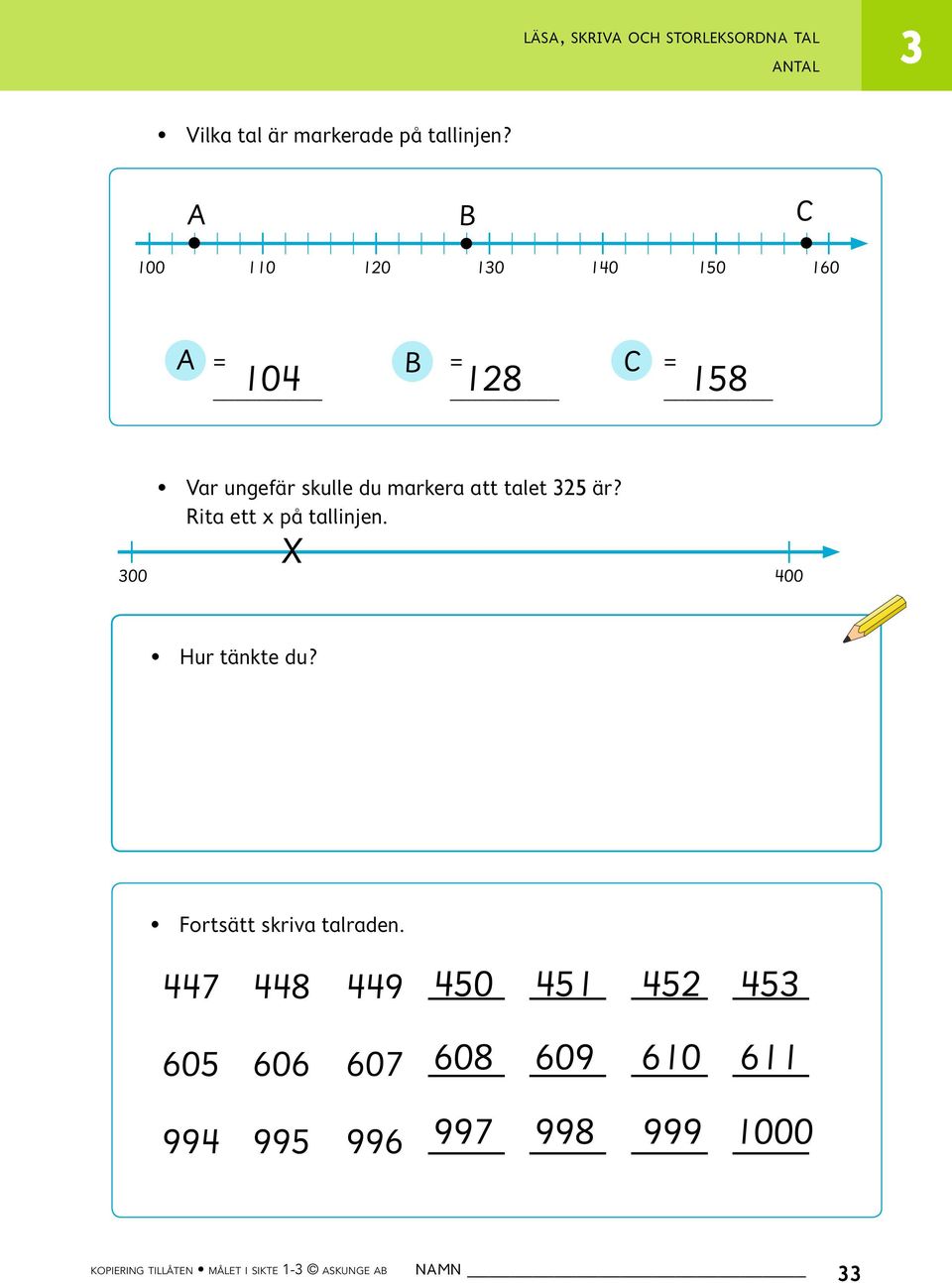 25 är? Rita ett x på tallinjen. X 00 400 Hur tänkte du? Fortsätt skriva talraden.