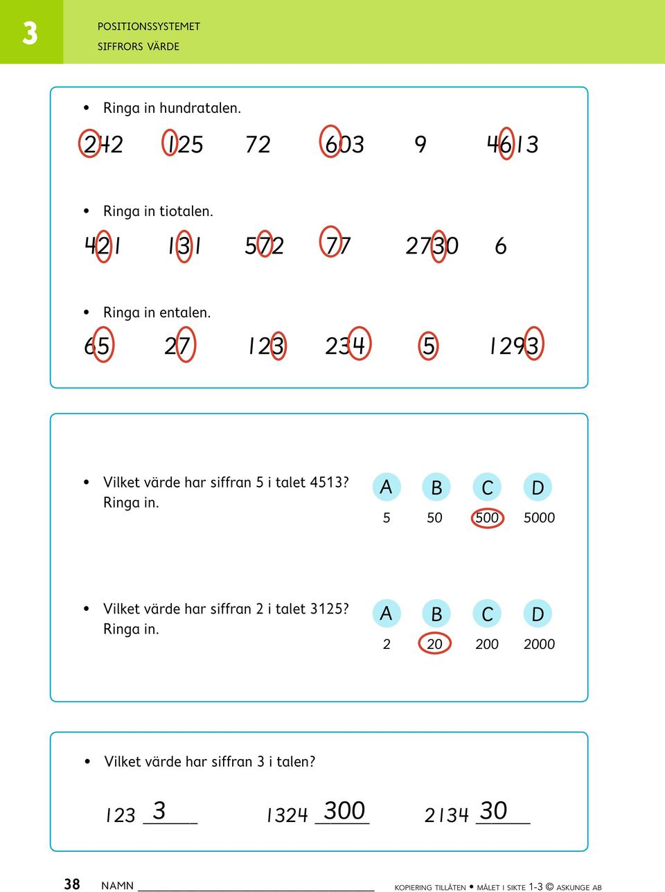 Ringa in. A B C D 5 50 500 5000 Vilket värde har siffran 2 i talet 125? Ringa in.