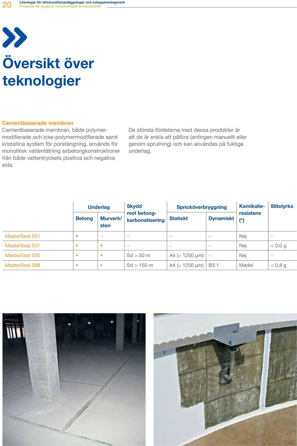 De största fördelarna med dessa produkter är att de är enkla att påföra (antingen manuellt eller genom sprutning) och kan användas på fuktiga underlag.